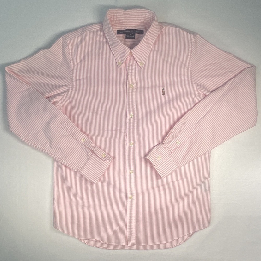 Ralph Lauren Sport Woman's 12 Pink/White Striped Long Sleeve Button-Down Shirt